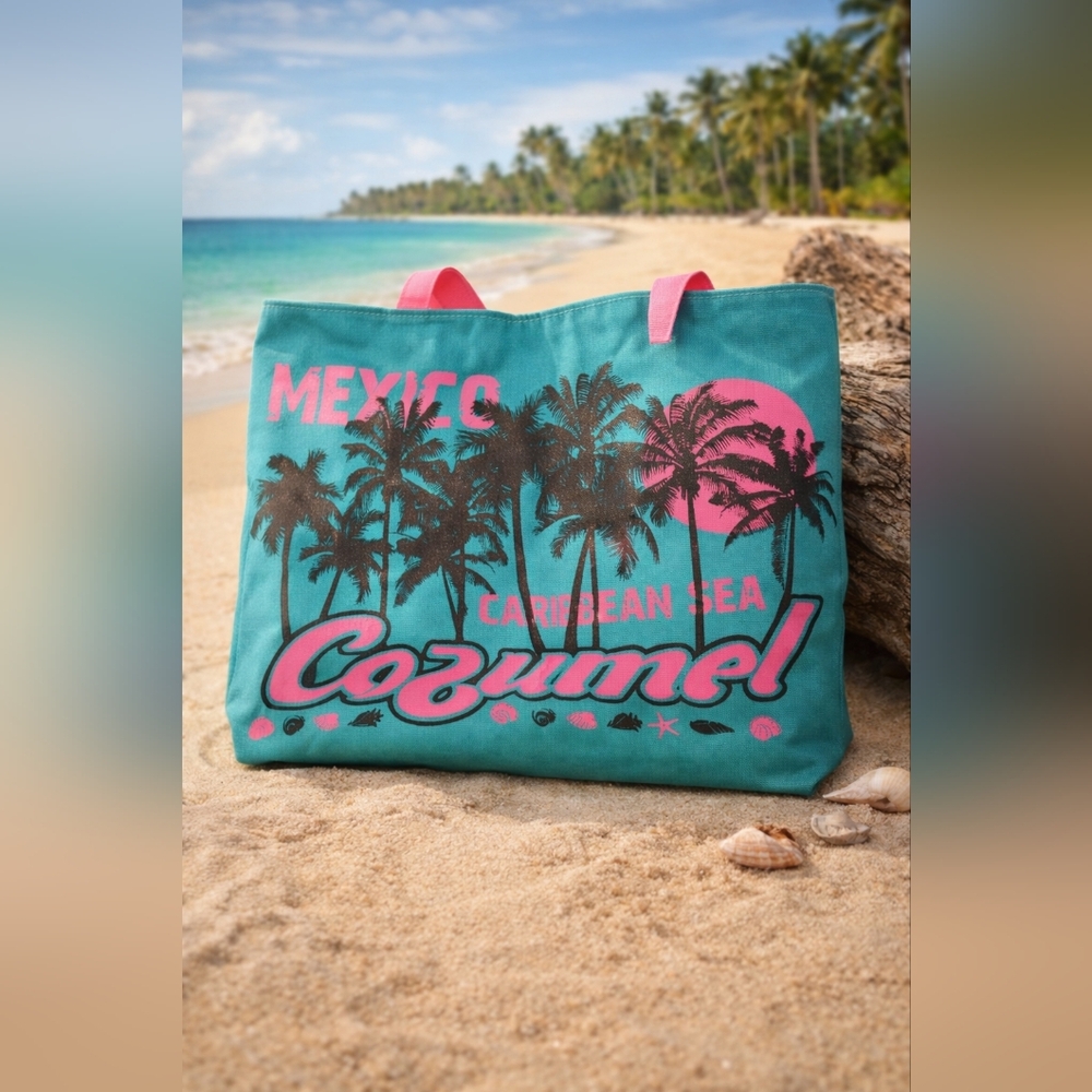 Cozumel Mexico Large Beach Towel Bag Tote Rope Handles Pink wallet